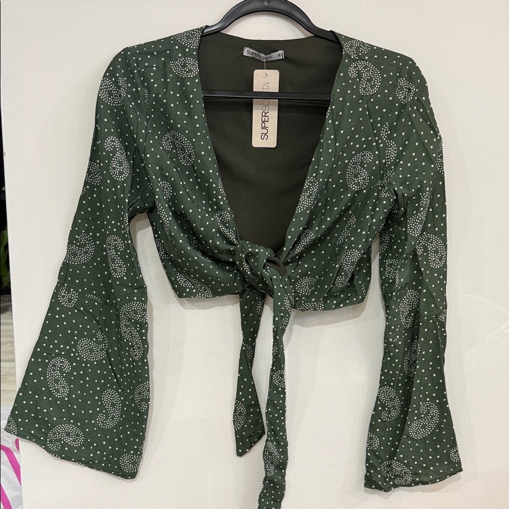 Green Patterned Women's Tie-Front Blouse